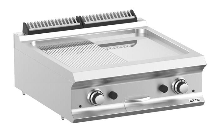 Stekhäll Gas, Räfflad/Slät/krom, 2brännare 7kW, bänk Domina Pro 700